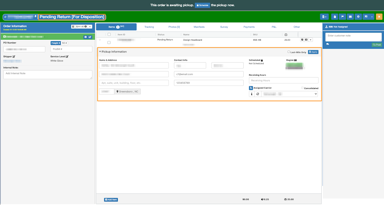 Booking a Pick Up Order for Disposition