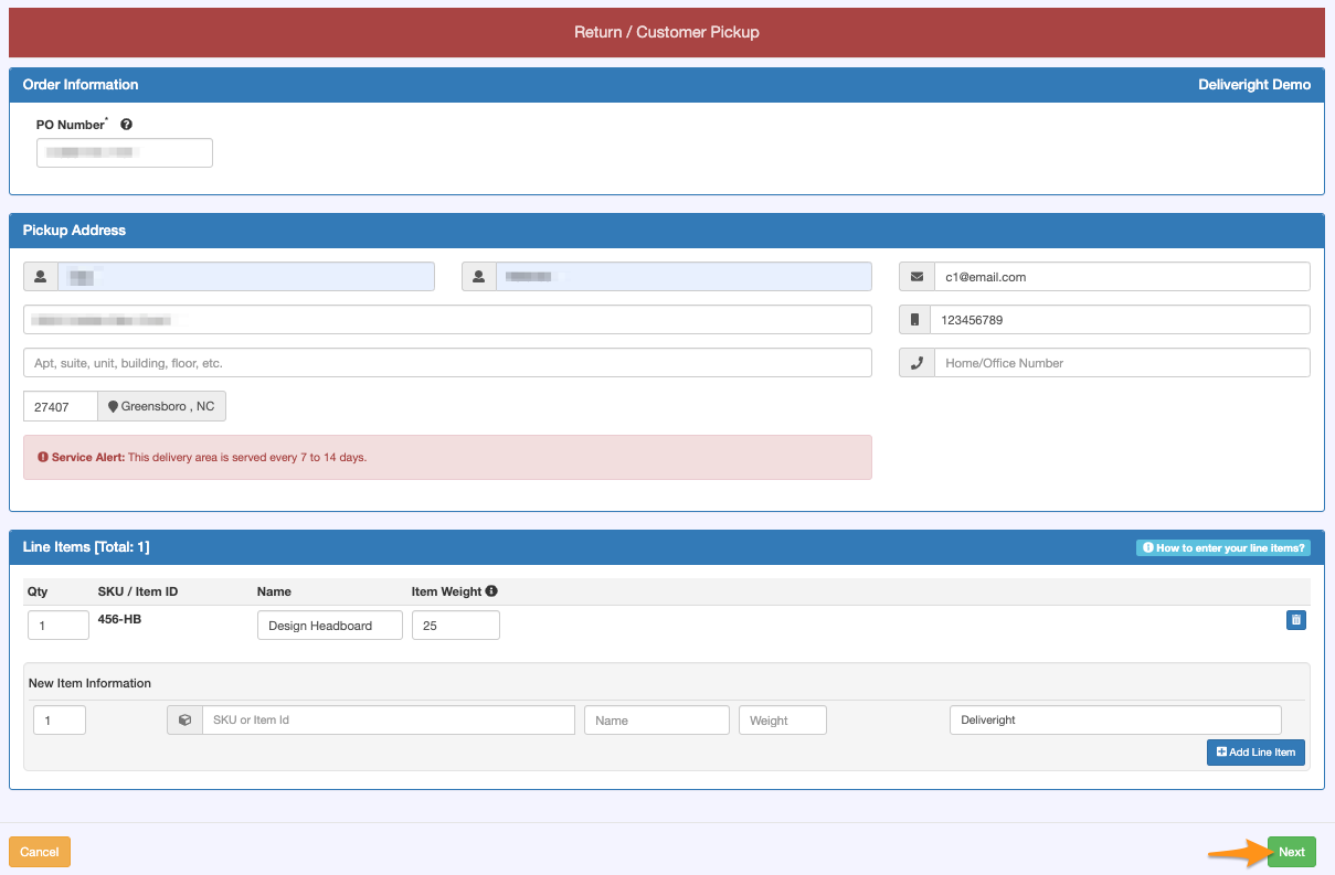 Booking a Pick Up Order for Return to Vendor