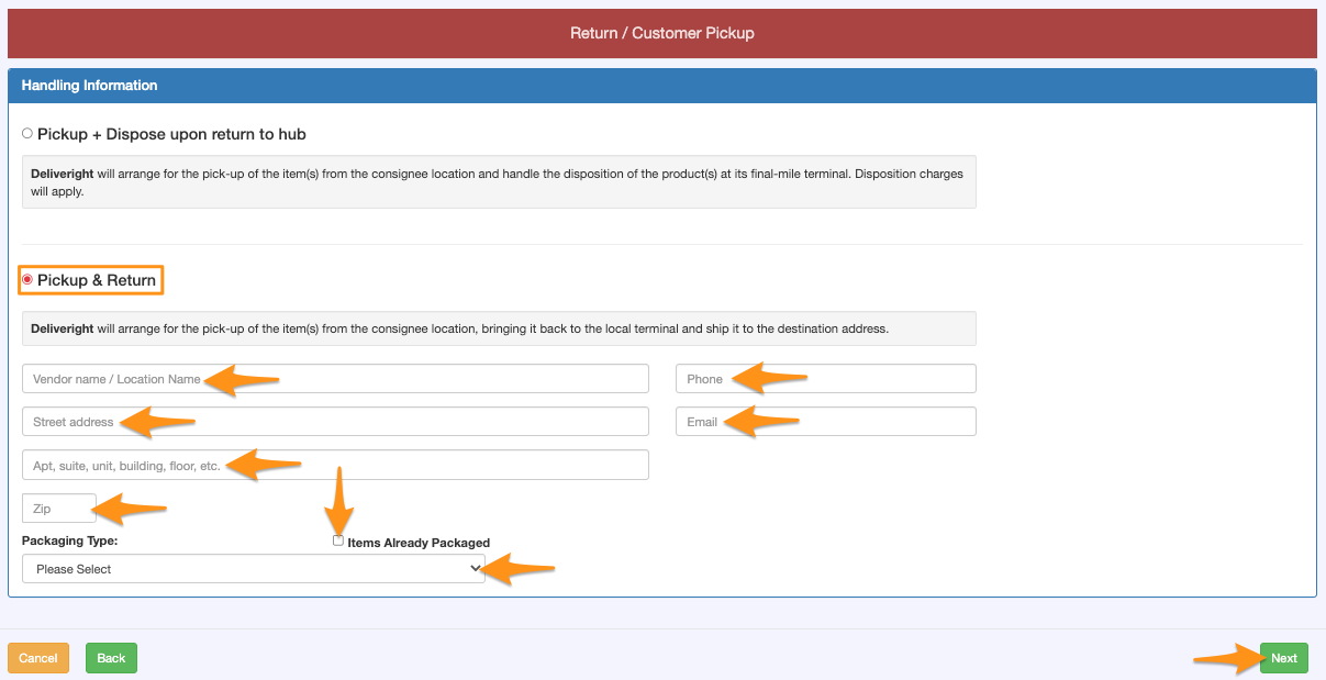 Booking a Pick Up Order for Return to Vendor