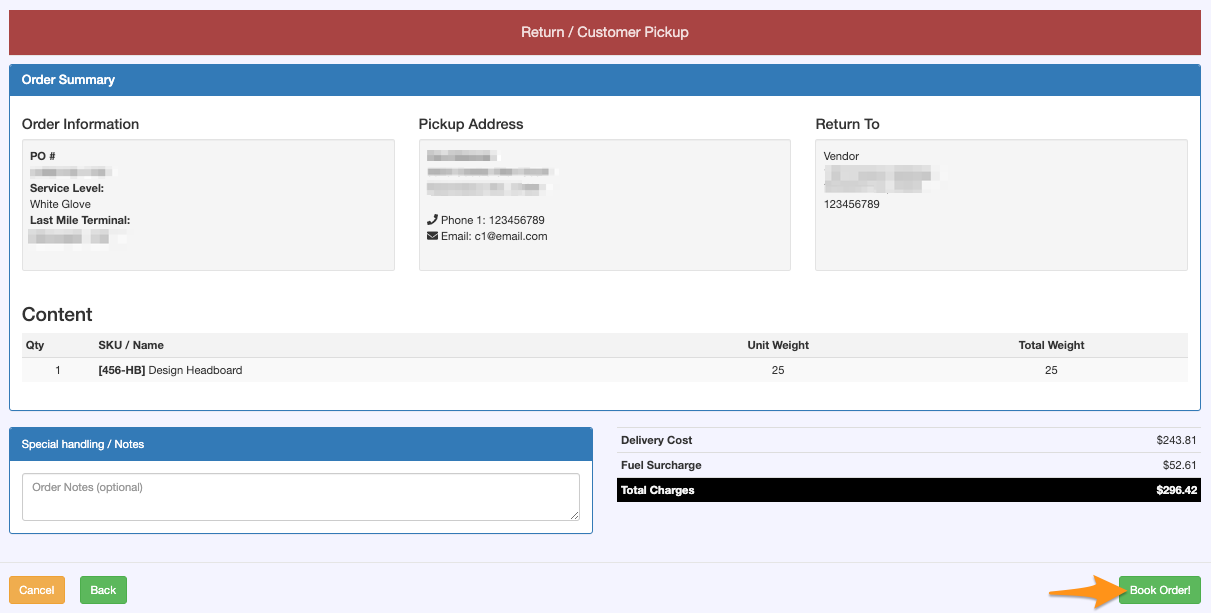 Booking a Pick Up Order for Return to Vendor