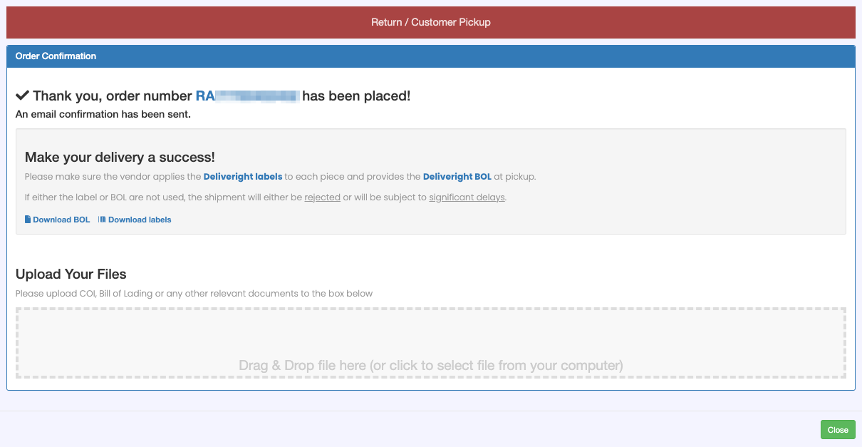 Booking a Pick Up Order for Return to Vendor