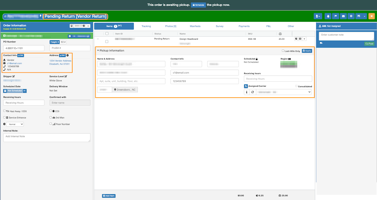 Booking a Pick Up Order for Return to Vendor