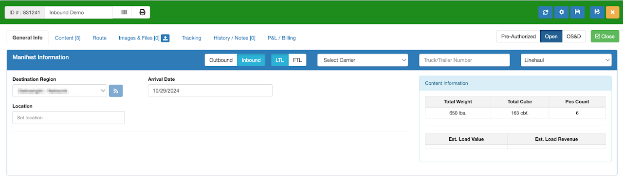 Create an Inbound Manifest