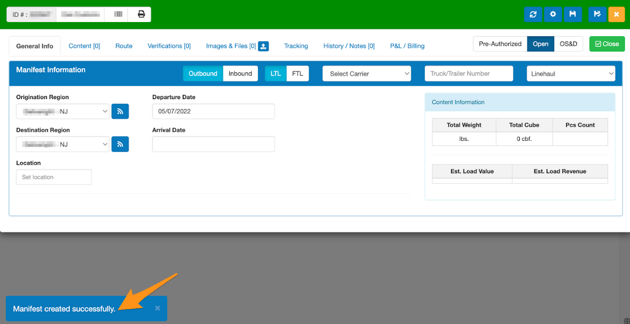 Create an Outbound Manifest (Warehouse Pickup by a Carrier)