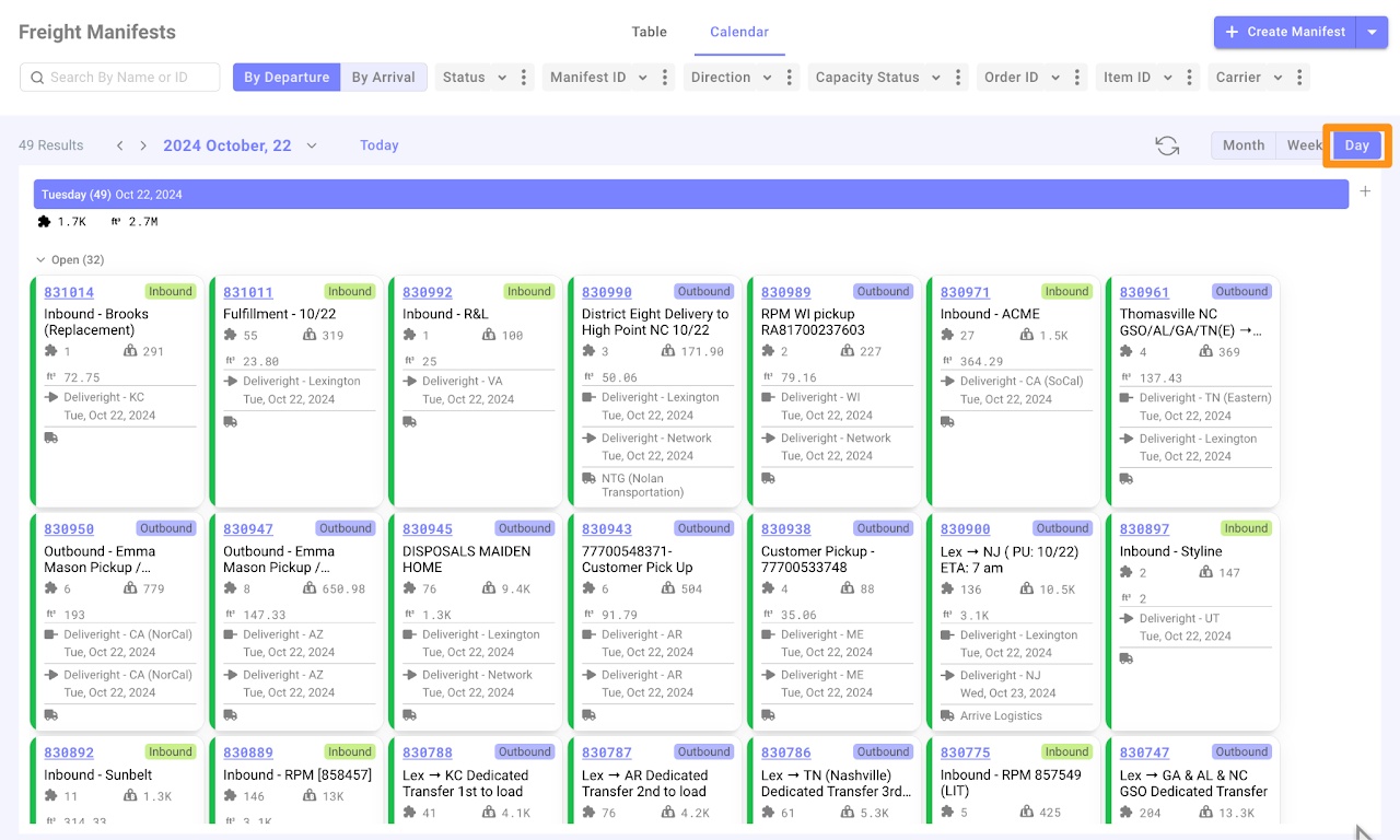 New Calendar View for Freight Manifest