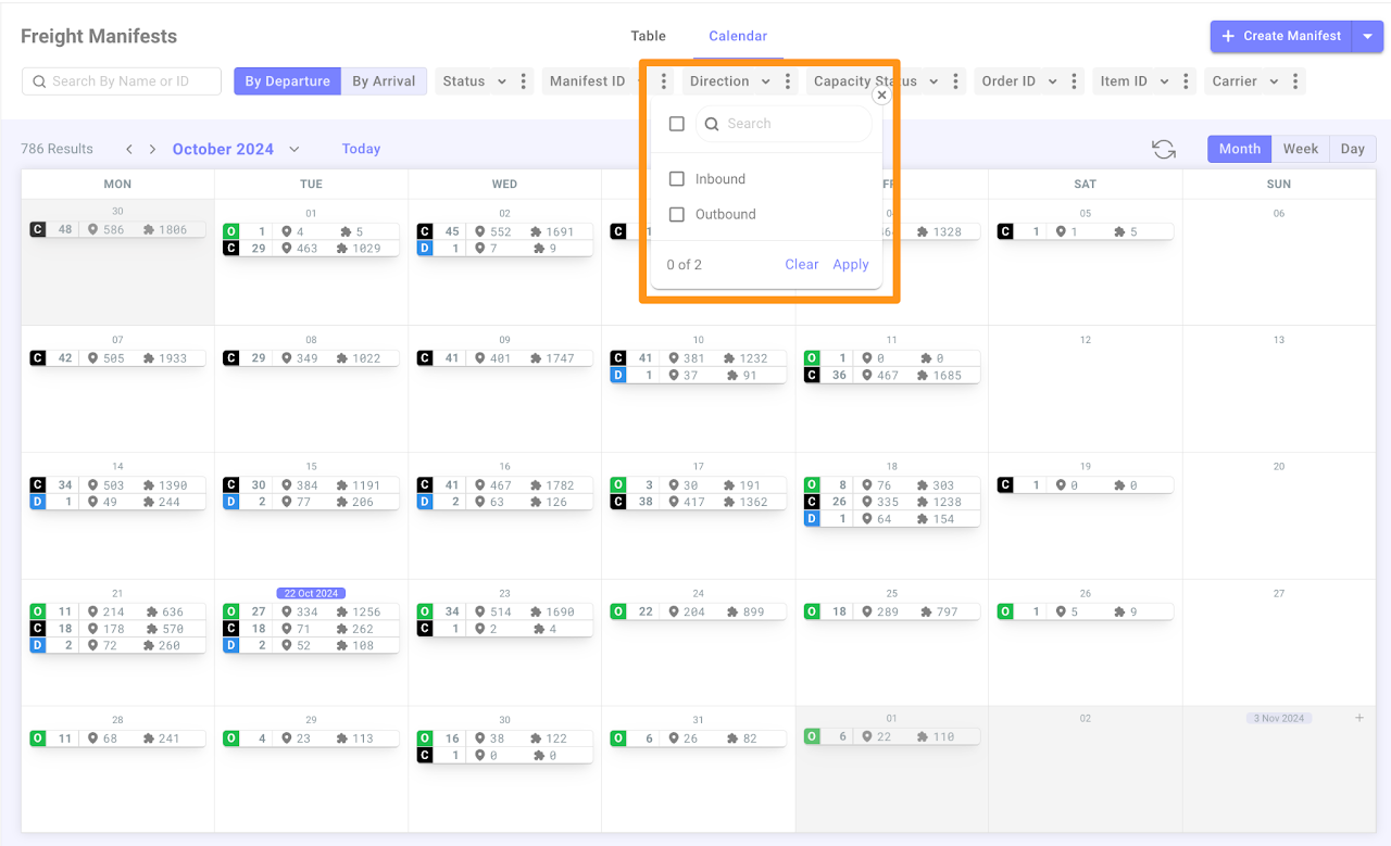 New Calendar View for Freight Manifest