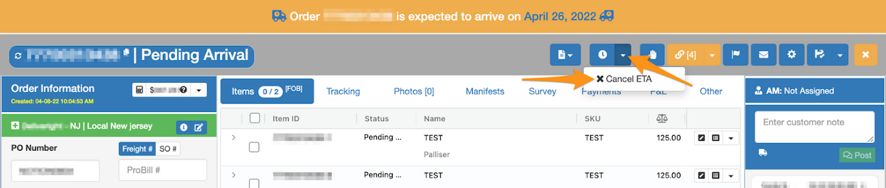 Set / Cancel an ETA