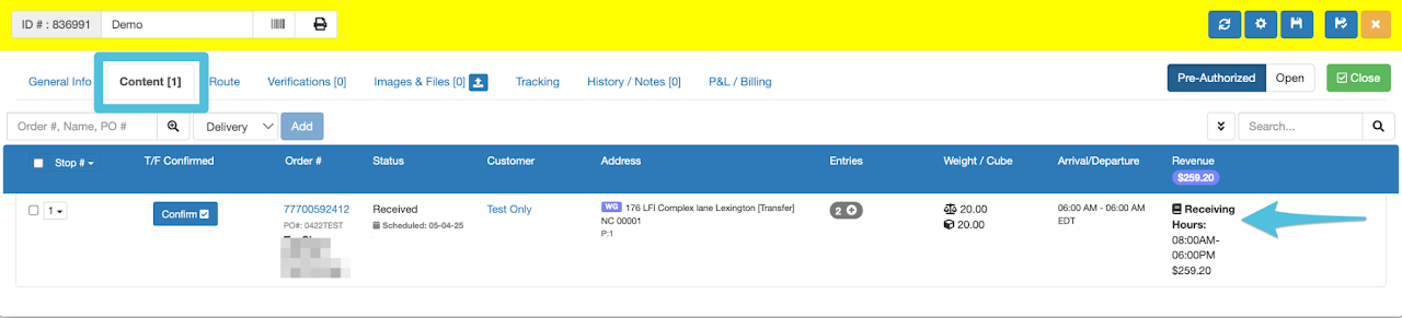 Assign Receiving Hours