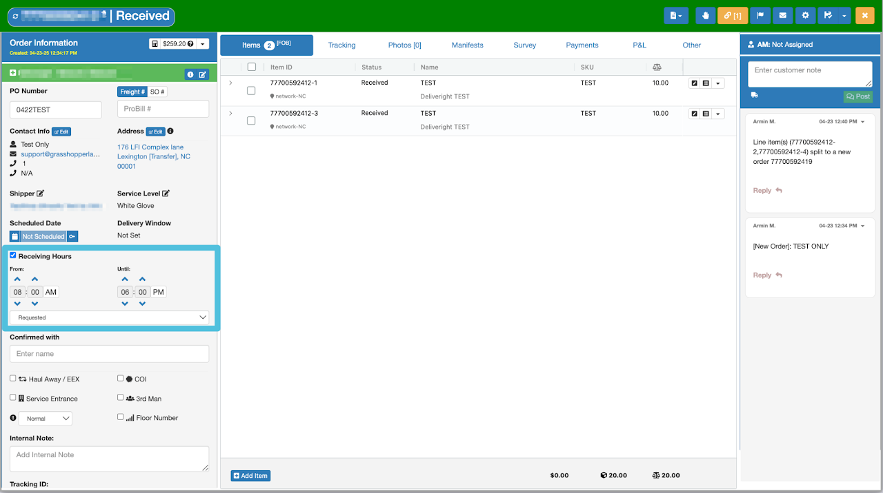 Assign Receiving Hours