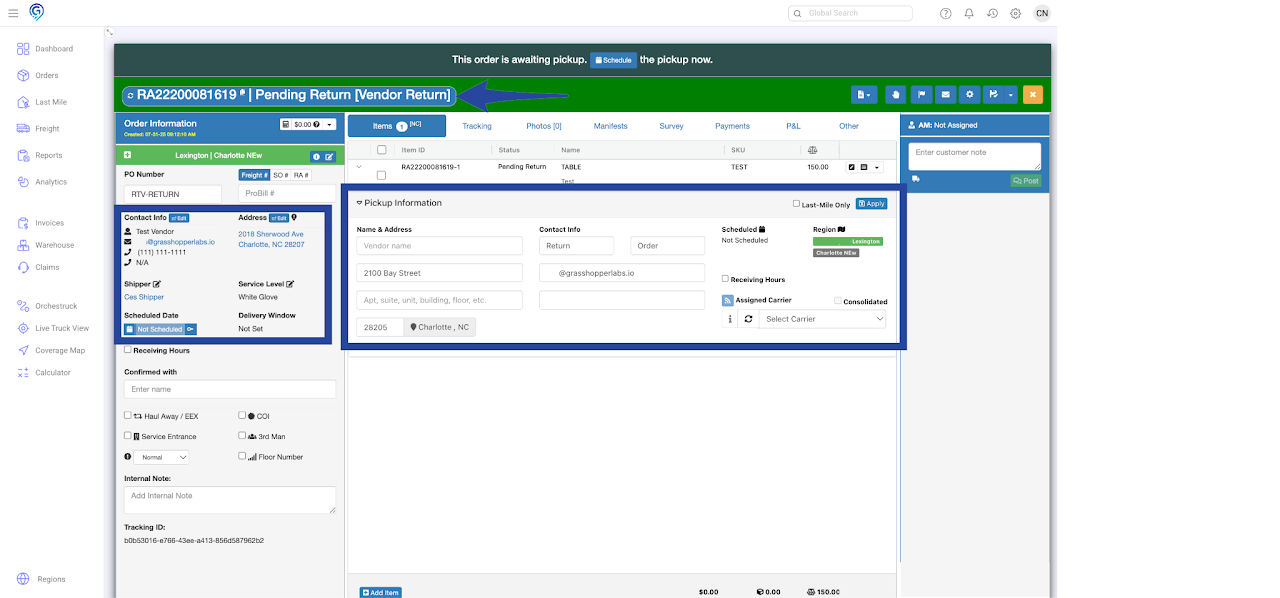 Booking a Pick Up Order - Disposition / Return to Vendor