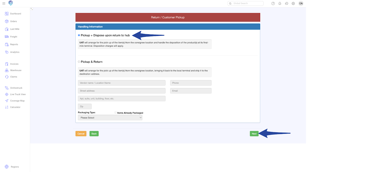 Booking a Pick Up Order - Disposition / Return to Vendor