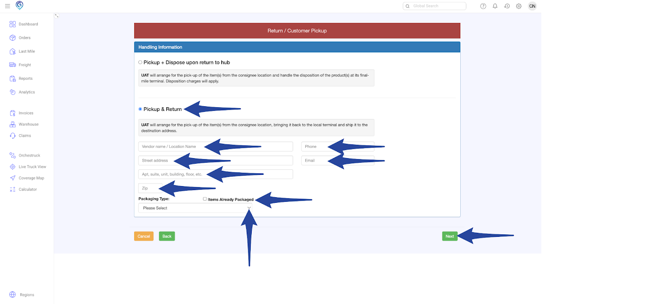 Booking a Pick Up Order - Disposition / Return to Vendor