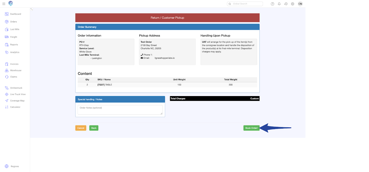 Booking a Pick Up Order - Disposition / Return to Vendor