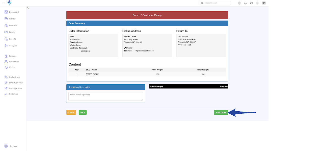 Booking a Pick Up Order - Disposition / Return to Vendor