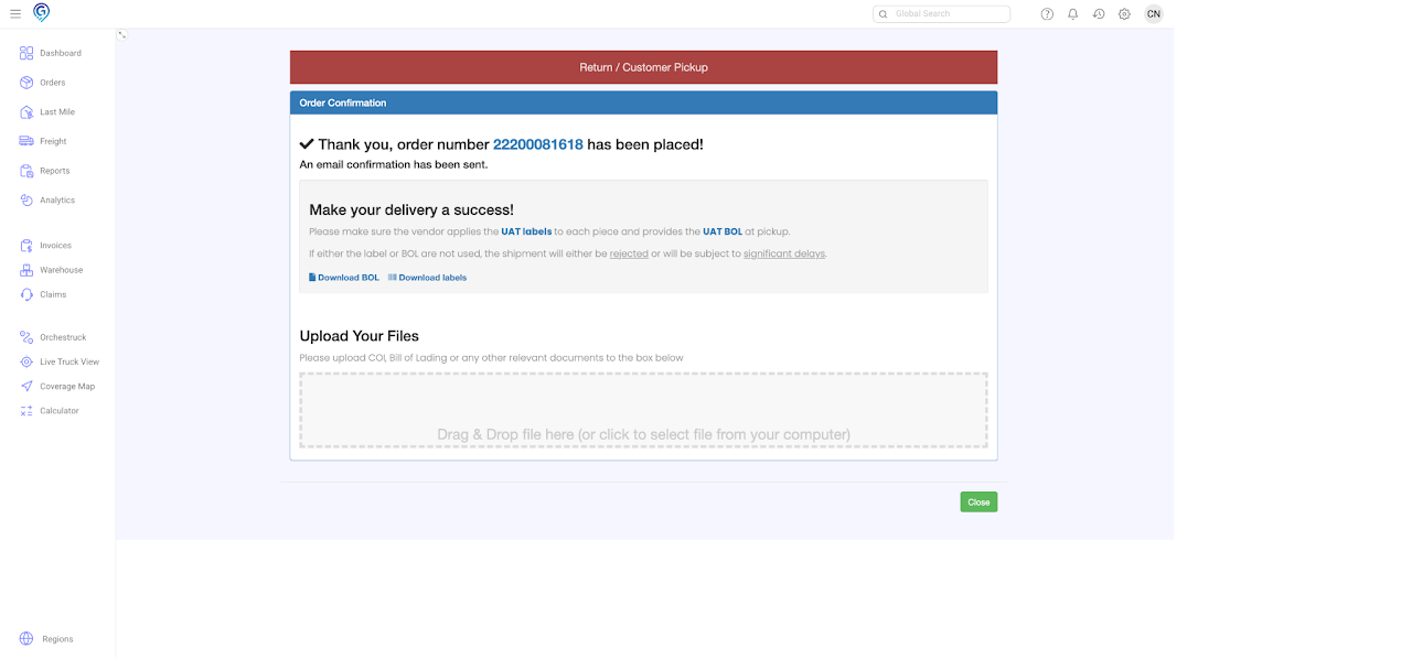 Booking a Pick Up Order - Disposition / Return to Vendor