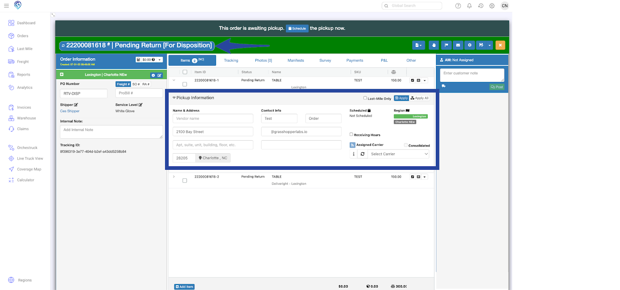 Booking a Pick Up Order - Disposition / Return to Vendor