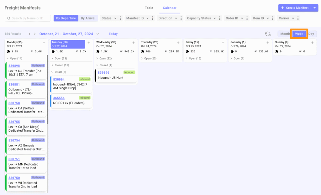 Calendar View for Inbound Freight Manifest