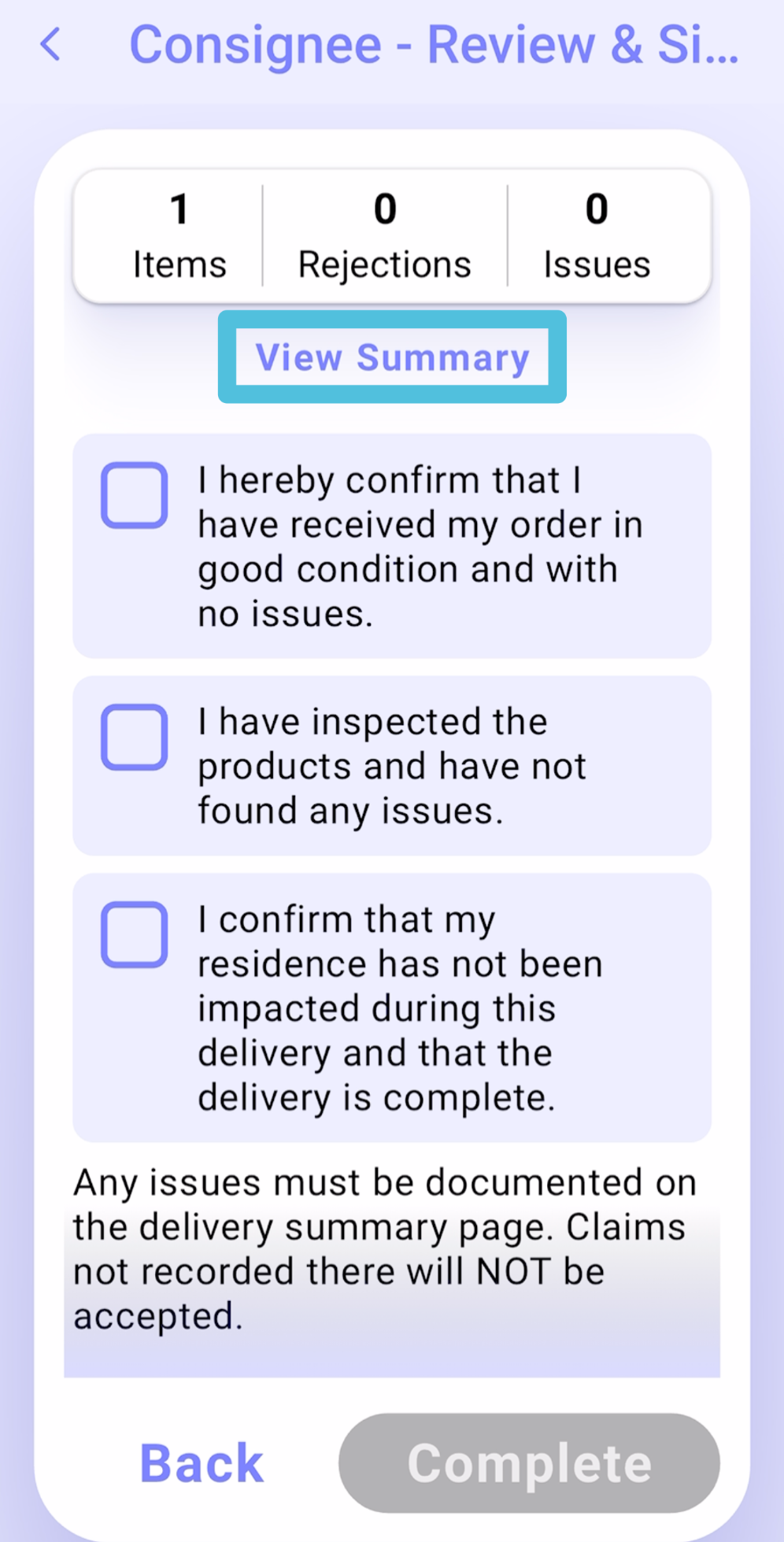 Complete a Delivery: Accepted