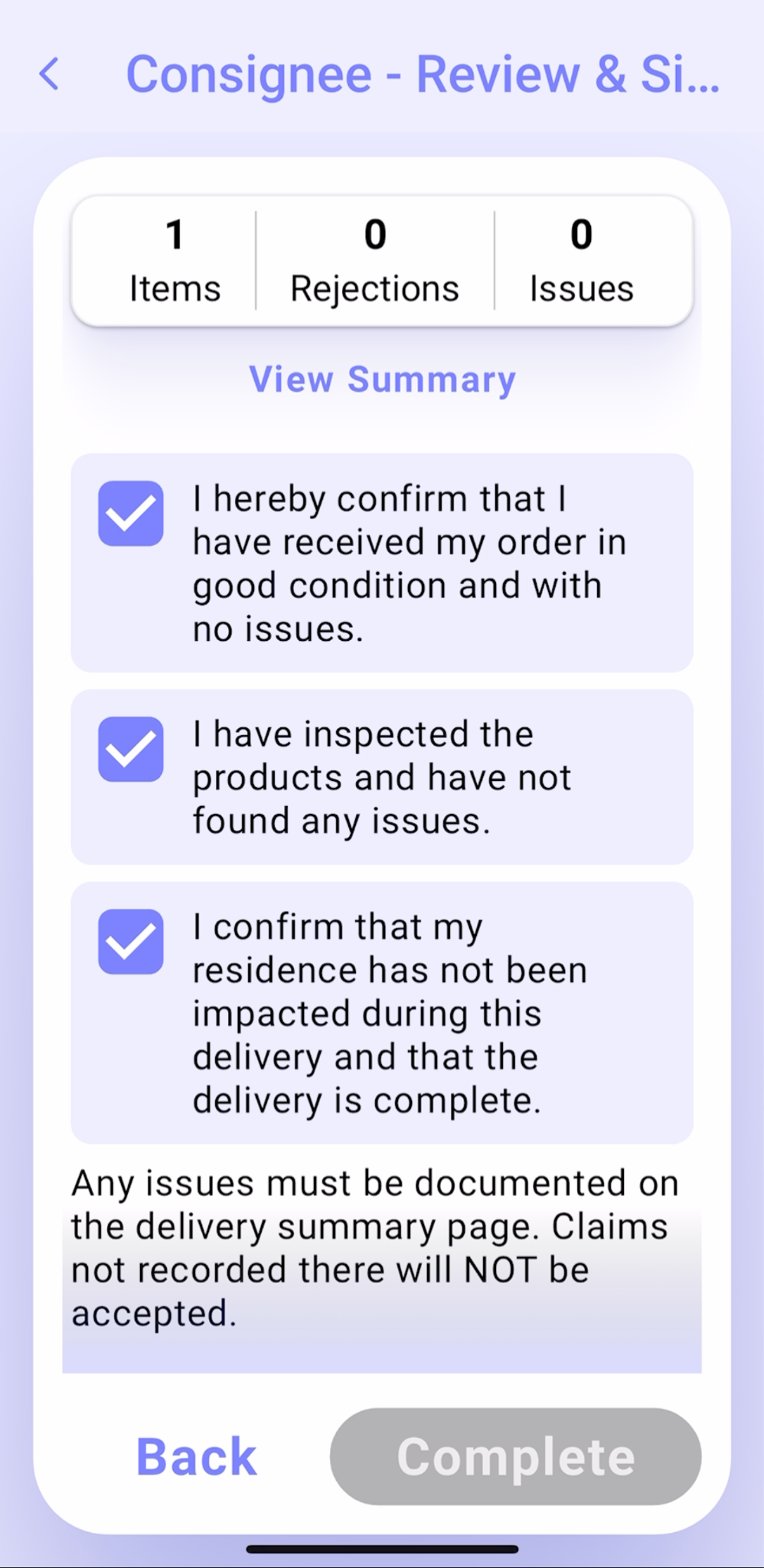 Complete a Delivery: Accepted