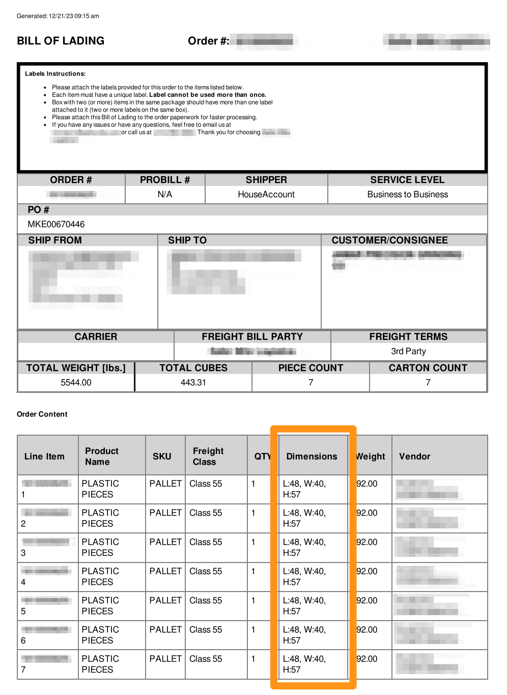 Show DIMS to each item on the BOL (Bill of Lading)
