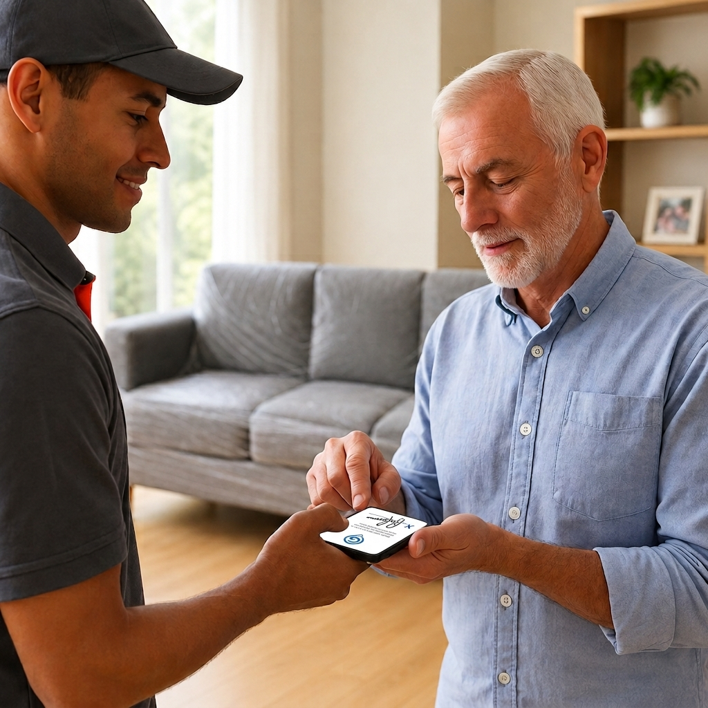 Customer signing electronic proof of delivery on delivery worker's phone at front door — Grasshopper Labs