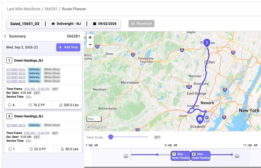 Grasshopper Route Planner showing a last mile manifest breadcrumb, two numbered stops and the mapped route with a time scale