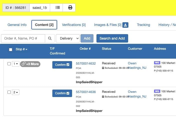 Manifest Content tab showing the new Stop Number column next to each order status, customer and address