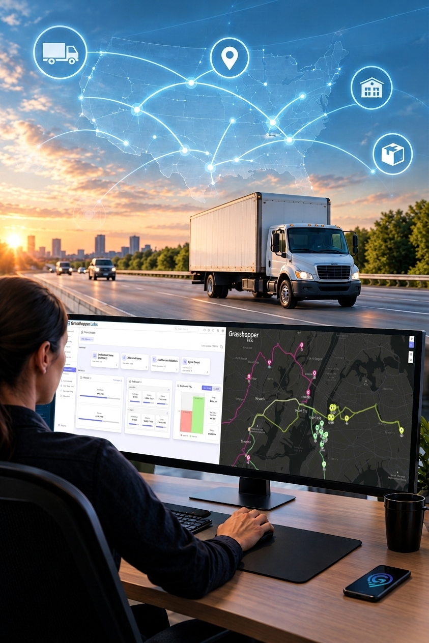 Cloud based transportation management system showing a sequenced delivery route and live truck positions