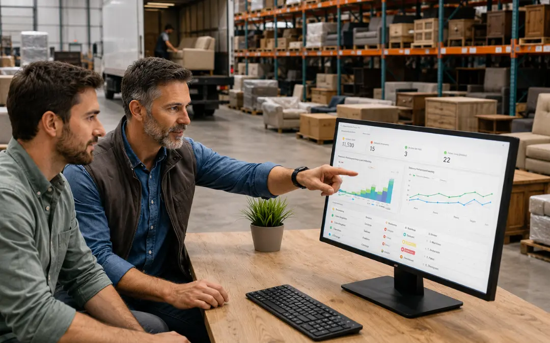 Transportation management dashboard showing on-time delivery, route efficiency, and cost per stop