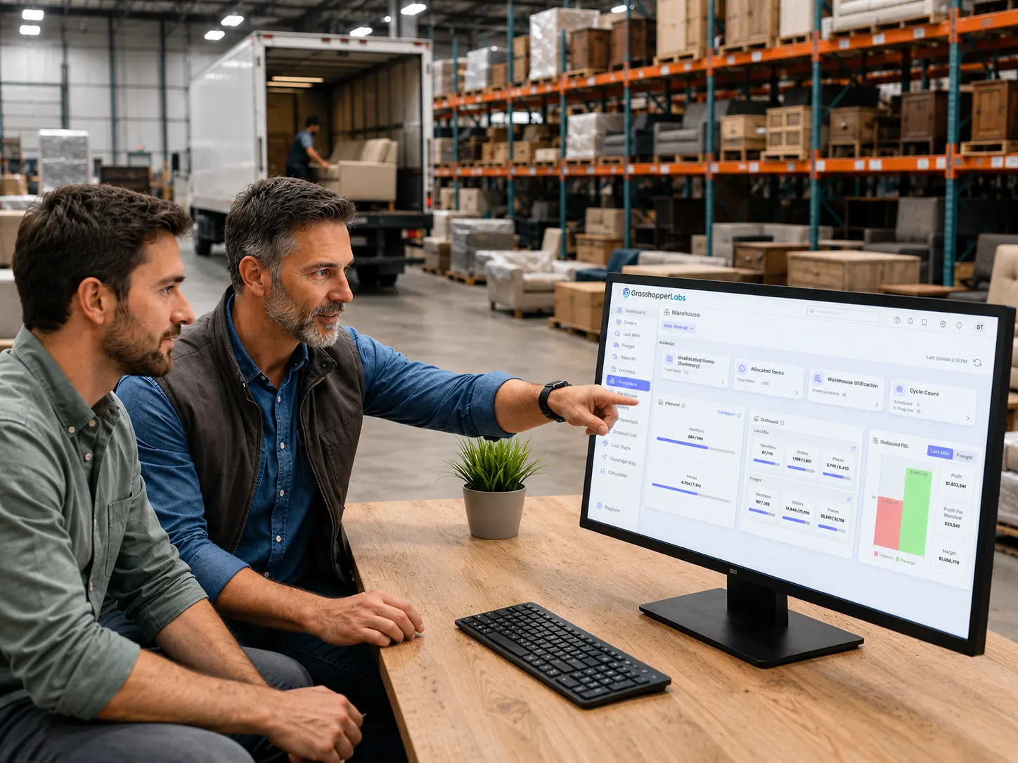 Warehouse management dashboard showing inventory accuracy, receiving throughput, and pick rates